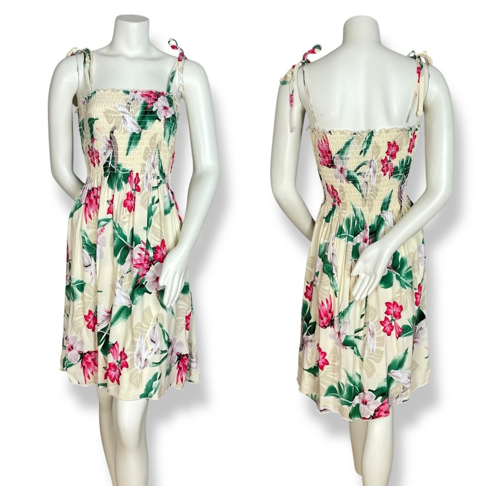Hawaiian Dress Floral Shirred Smocked Tie Shoulder One Size Pale Yellow Tropical